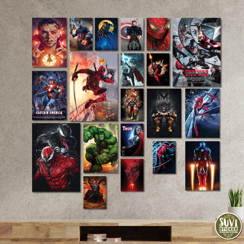 Combo 20 Poster Decal dán trang trí tường Marvel decor phòng trang trí quán cà phê, trà sữa, tường, phòng ngủ. PT06