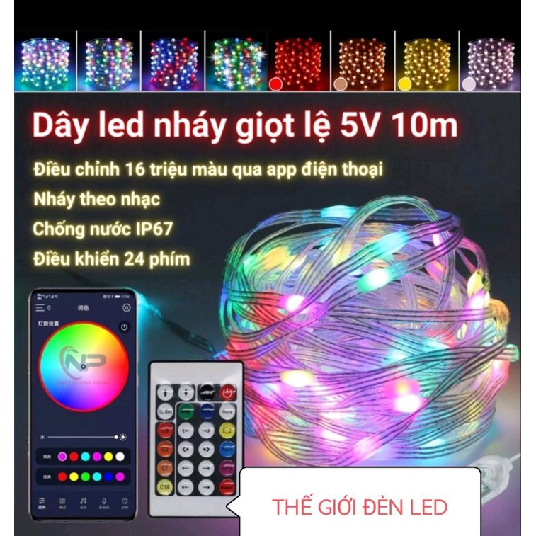 ĐÈN FAIRY LIGHT 10 MET 5V 16 triệu màu điều khiển APP điện thoại, dây led nháy đuổi decor phòng, trang trí tết, noel