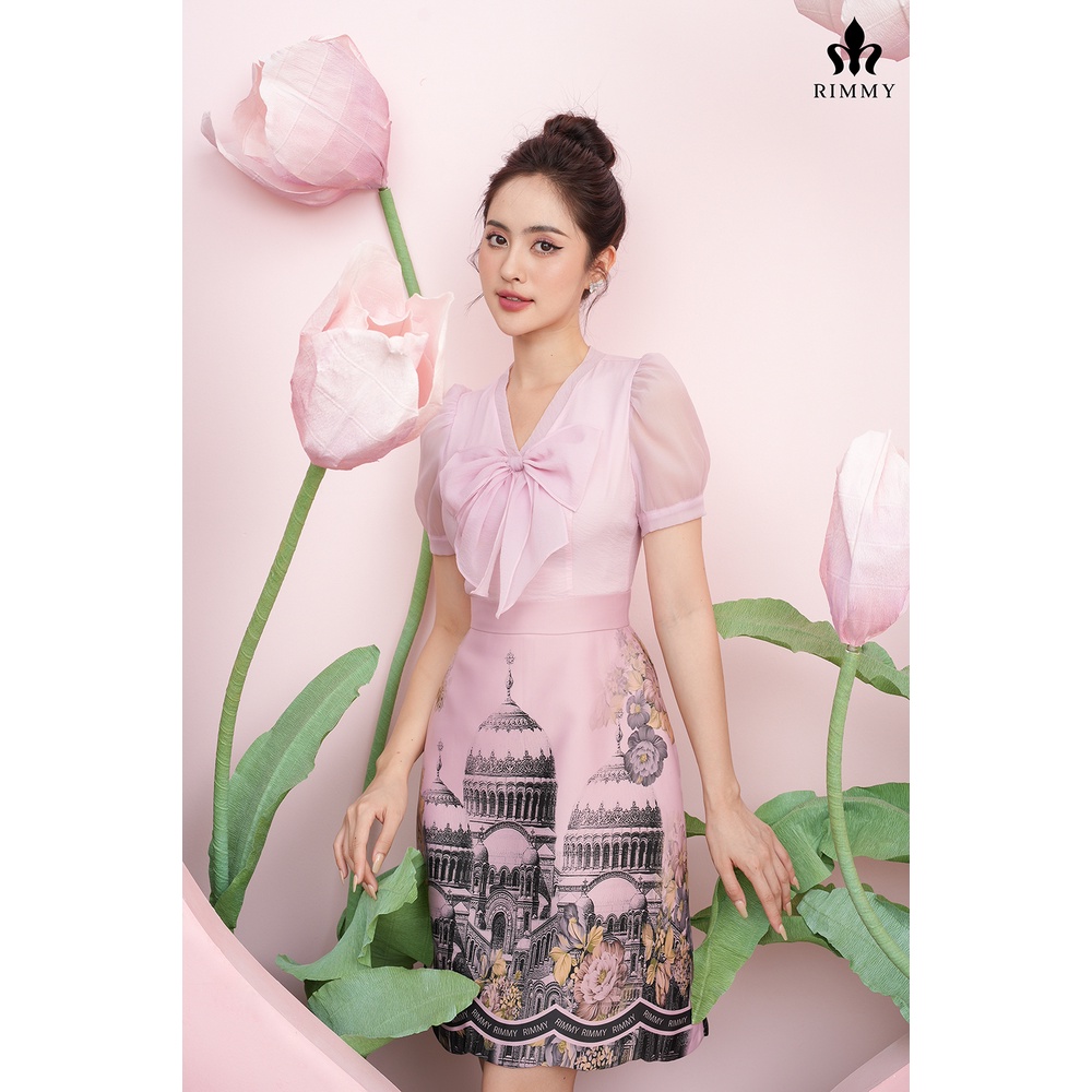 Váy nữ cao cấp Lena Dress Rimmy thiết kế nơ bản to phối in tinh tế, sang trọng