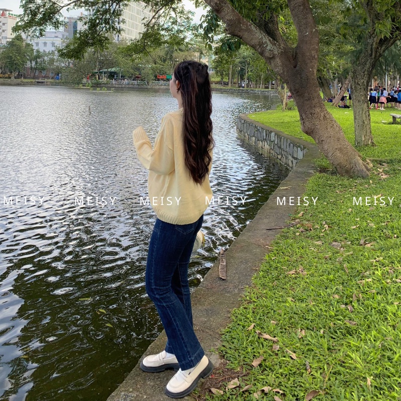 Quần Jean Ống Loe Túi Hộp MEISY Túi Hộp Màu Xanh Chàm Đậm Chất Cotton Co Giãn Mềm Mịn