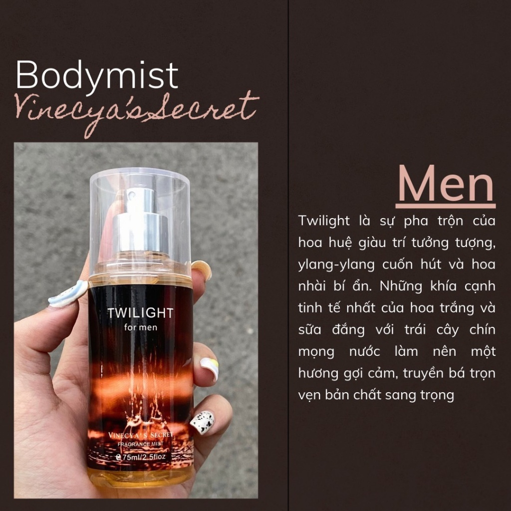 Body mist nam mạnh mẽ, hương thơm lôi cuốn, sang trọng, quyến rũ, xịt thơm 75ml Vinecya's nội địa Trung AME COSMETIC