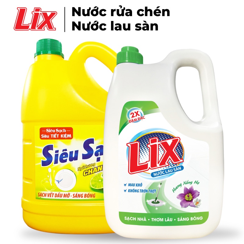 COMBO 67 gồm Nước lau sàn LIX hương nắng hạ 3.6 lít LH360 + Nước rửa chén LIX siêu sạch hương chanh 3.6kg NS360