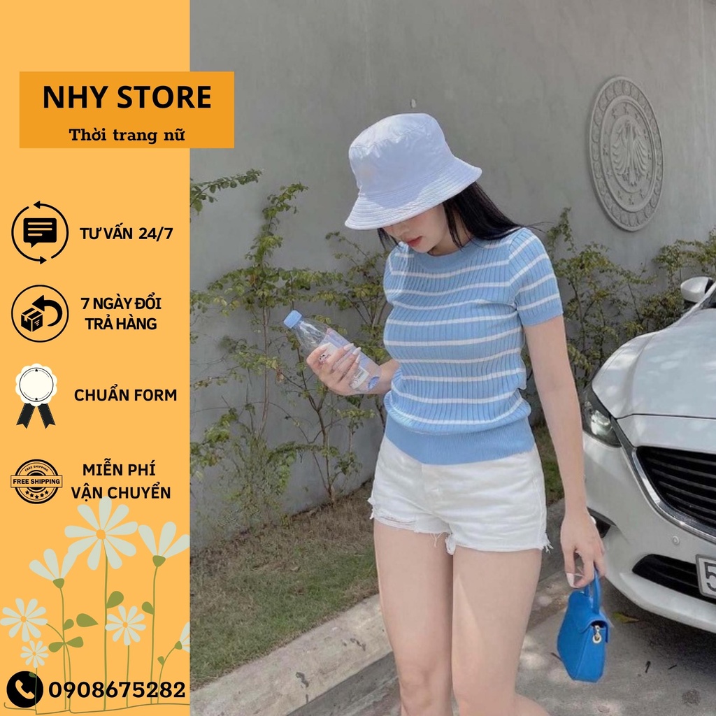 Áo len nữ ngắn tay, áo len nữ cổ tròn hàng Quảng Châu dày mịn freesize dưới 62kg
