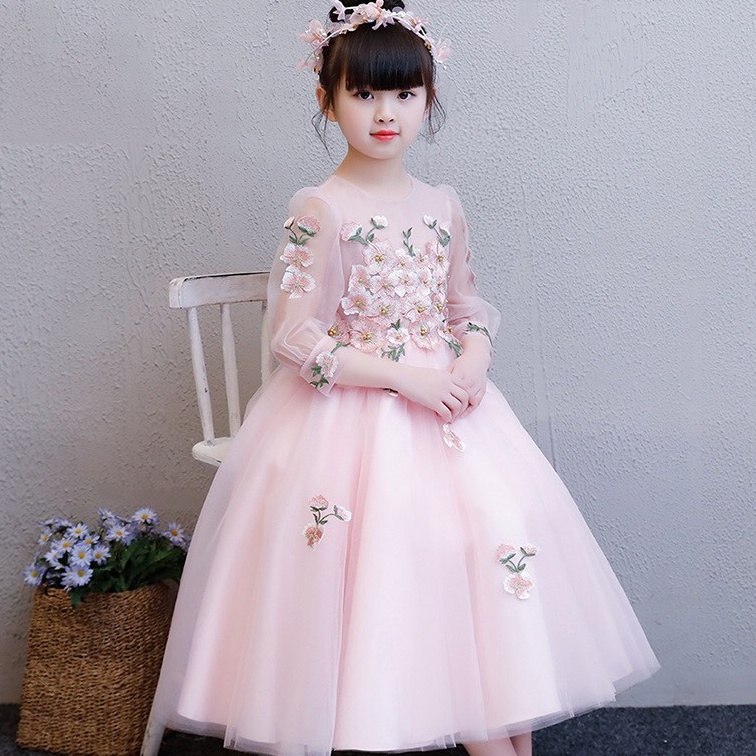 Đầm Hồng dài Ren Thêu cao cấp cho bé gái - AVALYA KIDS