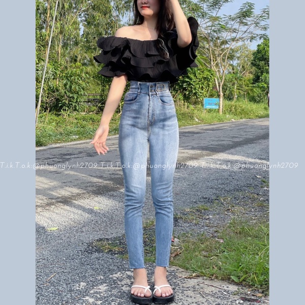 Quần jean cạp cao basic , quần skinny jean dài nữ lưng cao, quần jeans nữ xanh trơn lưng cao 2 nút logo cao cấp (PLQ125)