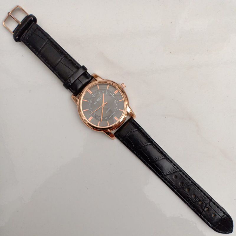 thanh lý đồng hồ nam dây da hiệu MODIYA quartz size 42mm vỏ vàng hồng