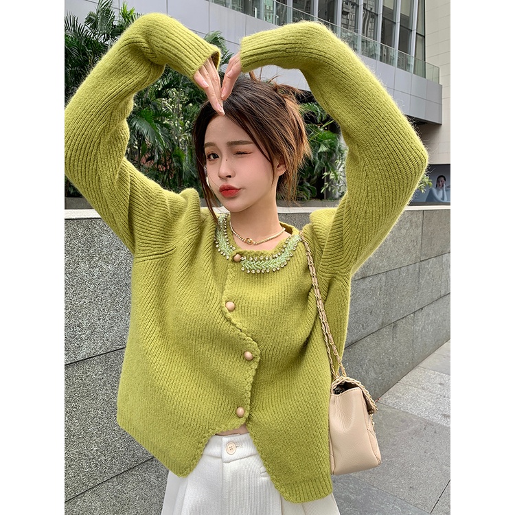 ZHELIHANGFEI Áo len dệt kim nữ tay dài cổ tim cao eo ngọt ngào áo len không đều