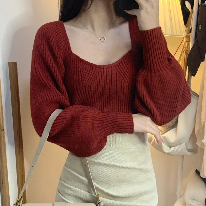 Áo dệt kim SUXI tay dài cổ vuông màu sắc thanh lịch thời trang thu đông cho nữ