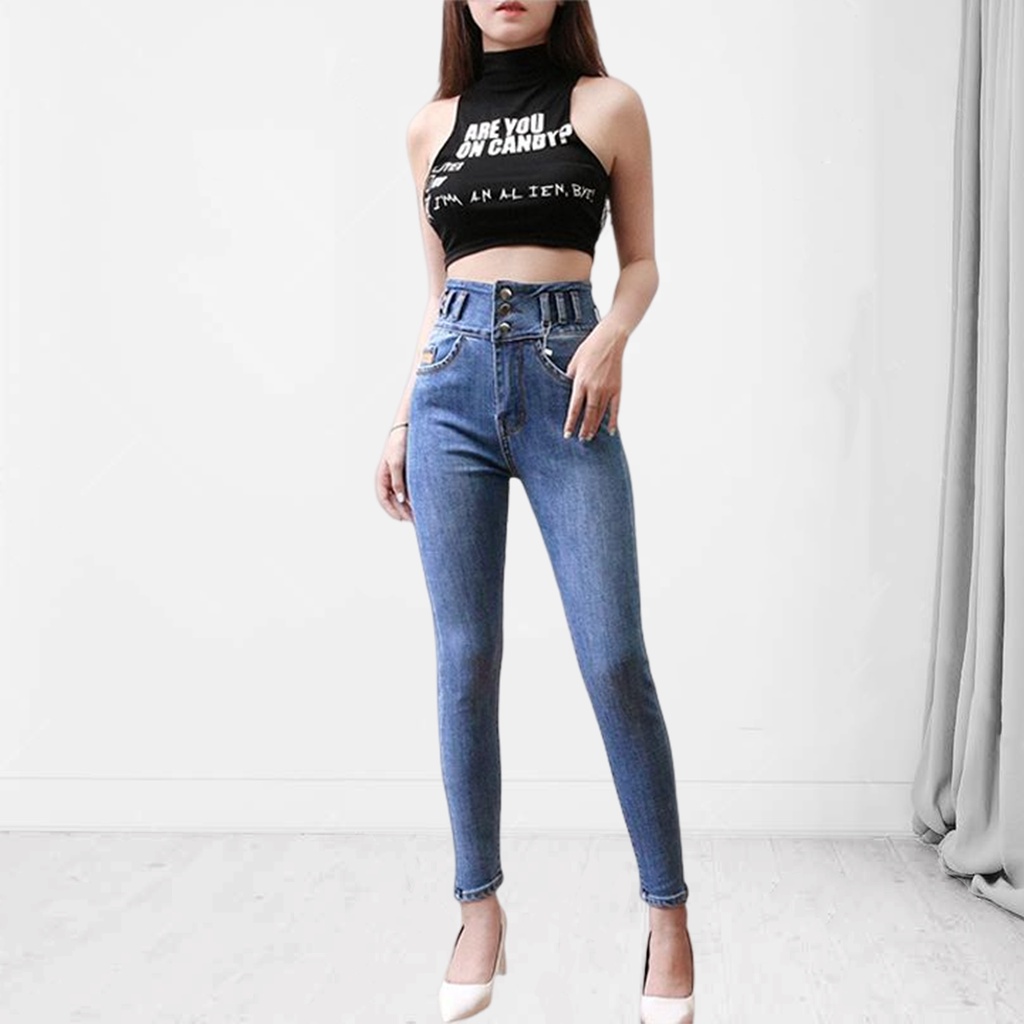 Quần jean skinny nữ cạp cao 3 cúc dài 98cm  chất liệu co giãn siêu thoải mái, chất mịn