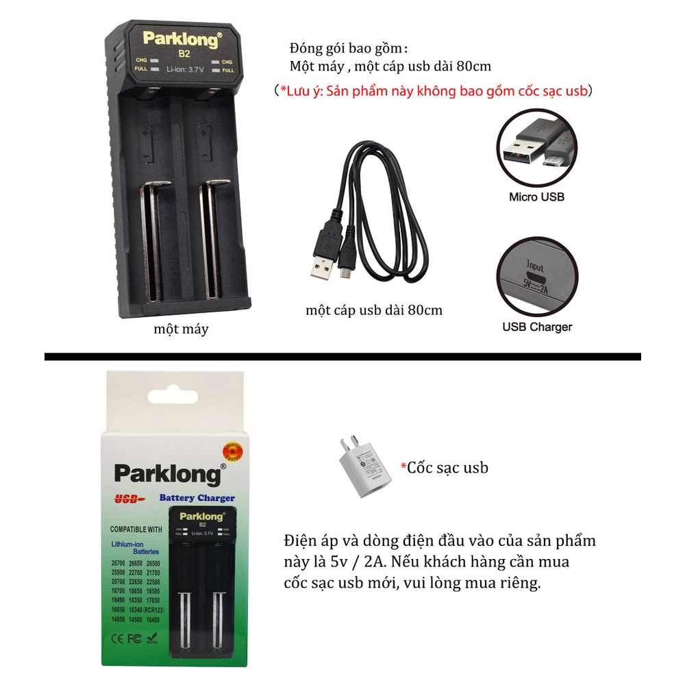 Bộ sạc Parklong B2,pin sạc 18650 pin 3.7V 2200mAh,2600mAh,3000mAh,3400mAh,sạcA1,A2,A4, Pin chính hãng