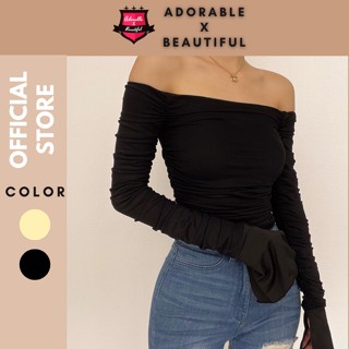 [Ảnh Thật] Áo Croptop Tay Dài Thun Phối Lưới, Áo Trễ Vai Tay Xẻ Đen Vàng Phong Cách Sexy Hot Trend [AdorablexBeautiful]