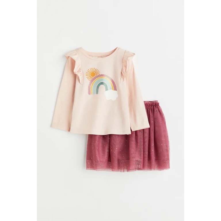 Set áo chân váy hồng rainbow tím hồng nơ HM H&M _hàng chính hãng authentic
