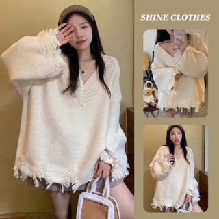 Áo len vặn thừng rách vạt màu trắng kem cao cấp shine clothes , áo len cổ v chất len dày dặn phong cách hàn quốc