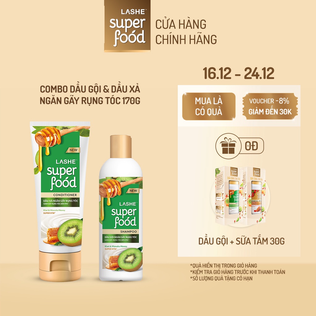 Combo Dầu gội & Dầu xả LASHE SUPERFOOD ngăn gãy rụng tóc 170G