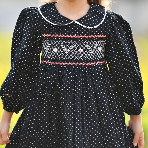 Váy Đầm Bé Gái SMOCK CÔ NẮNG Nhung Tăm Xanh Than Chấm Bi Dài Tay Thêu Chỉ Trắng