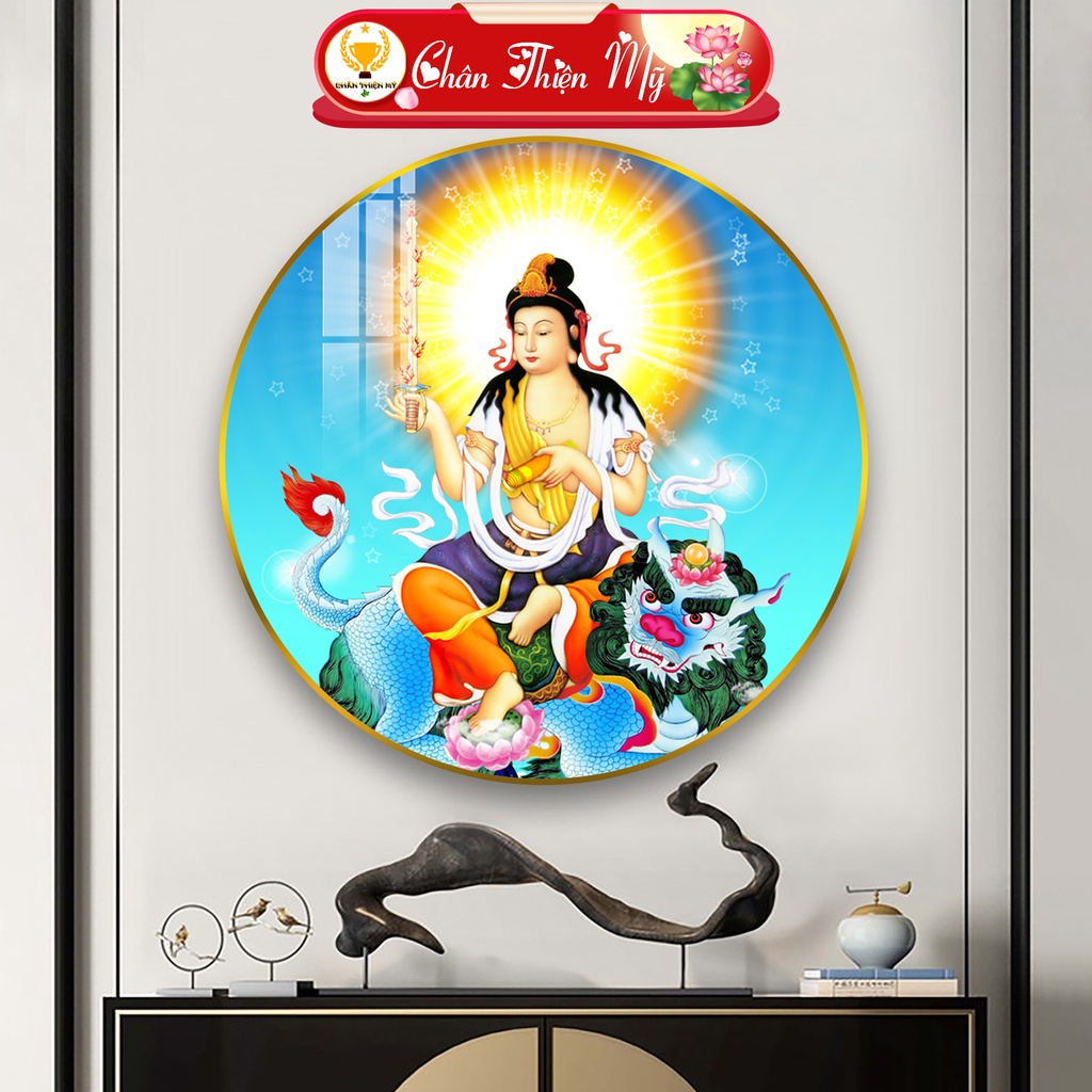Tranh Tráng Gương Pha Lê Tròn CHÂN THIỆN MỸ, Tranh Phật Treo Tường Văn Thù Sư Lợi Bồ Tát TG-T1-1093