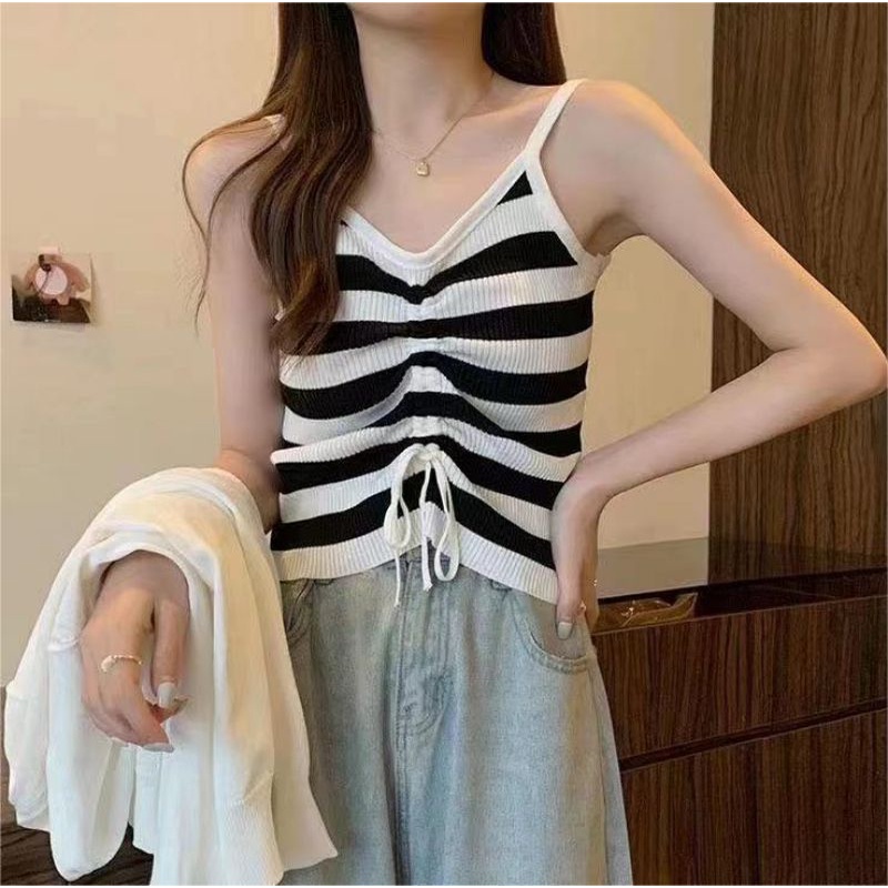 Áo Hai Dây Dệt Kim Họa Tiết Kẻ Sọc Đơn Giản Phong Cách Hàn Quốc