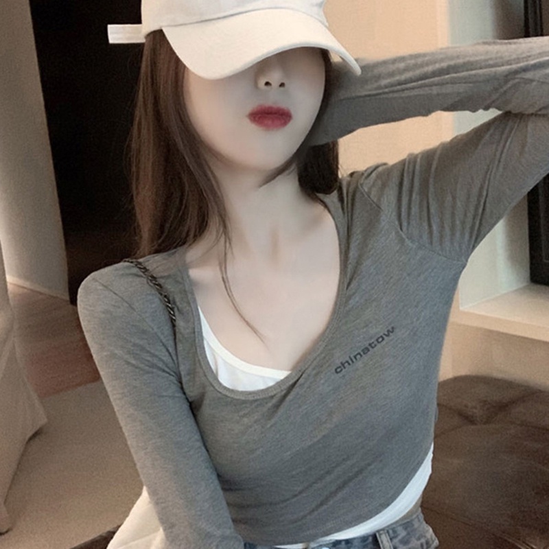 IELGY  IELGY Áo Thun Tay Dài Dáng Ôm Ngắn Màu Đen Thời Trang Cho Nữ