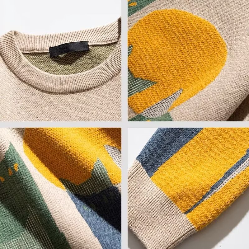 Áo len cổ tròn thêu mèo mùa xuân Nhật Bản Tide Cityboy Áo len dệt kim thời trang