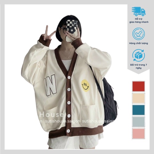 Áo khoác cardigan form rộng nữ in chữ w, hình mặt cười cực hot phối đồ dễ mẫu mới nhất 2023 K235