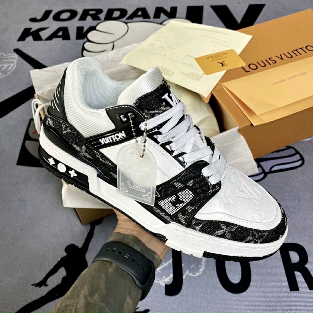 Giày Thể Thao LV Đen Trắng Siêu Phẩm Hot Trend Cao Cấp 2022 Giày Louis Vuitton LV Trainer Monogram Denim Black White +tấ