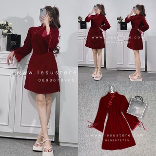 ẢNH TỰ CHỤP Đầm nhung nút tàu tay loe ĐỎ