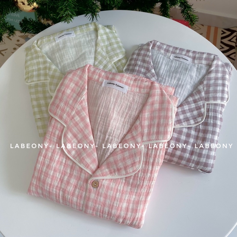 Đồ bộ nữ mặc nhà Pyjama caro ngắn dài muslin Hàn Labeony