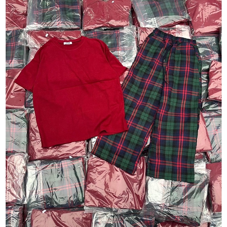 Set áo phông quần caro đỏ gam màu Giáng Sinh (Ảnh thật)