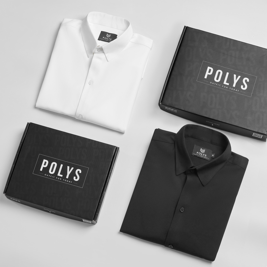 Áo sơ mi nam tay dài Trắng Đen POLYS Fullbox, Vải Chéo Thái dày dặn, co giãn, thoáng khí Áo sơ mi LONG SLEEVE