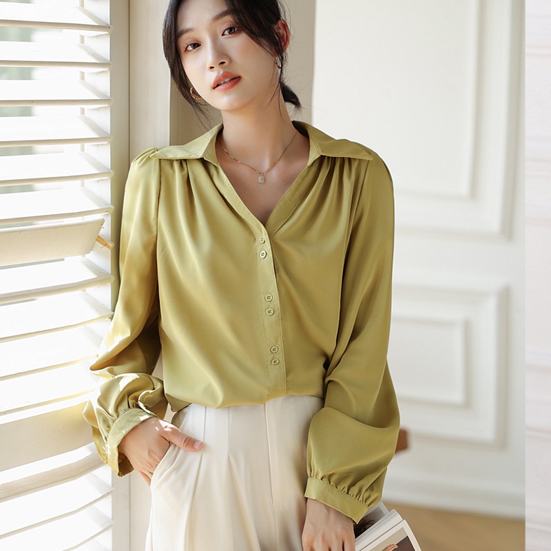 Áo Sơ Mi Chiffon Tay Phồng Dài Cổ Chữ V Cao Cấp Thời Trang Mùa Thu Phong Cách Pháp Cho Nữ