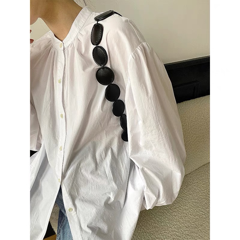 Áo Sơ Mi Tay Phồng Cổ Tròn Màu Trơn Đơn Giản Phong Cách Hàn Quốc Cho Nữ
