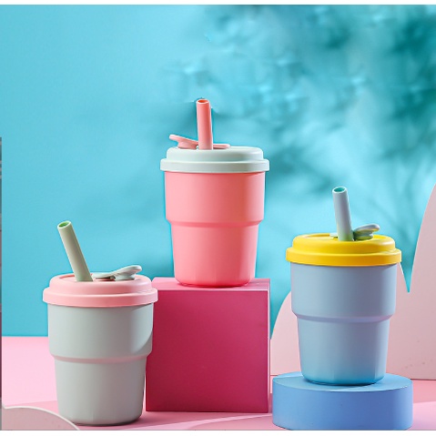 Cốc vỏ nhựa pastel có nắp kèm ống hút CTTT9 ly dễ thương 380ml
