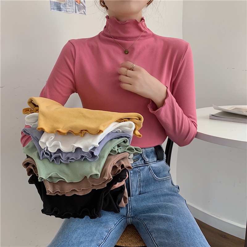 Áo Thun baju wanita Bên Trong Tay Dài Cổ Cao Co Giãn Phong Cách Hàn Quốc Cho Nữ
