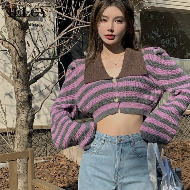 IELGY   Áo cardigan Dệt Kim Tay Phồng Họa Tiết Kẻ Sọc Thời Trang Pháp Cho Nữ