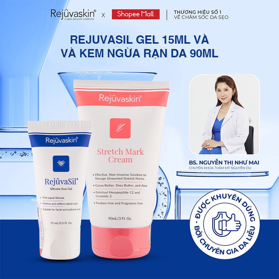 Combo chăm sóc da Rejuvaskin làm xẹp sẹo lồi, sẹo phì đại Silicone Rejuvasil Gel 15ml và làm mờ vết rạn da 90ml