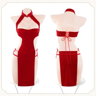  Đầm Ngủ Sườn Xám Nhung Đỏ Tặng Kèm Tất Đùi Quần Chip T Cực Sexy Gợi Cảm 