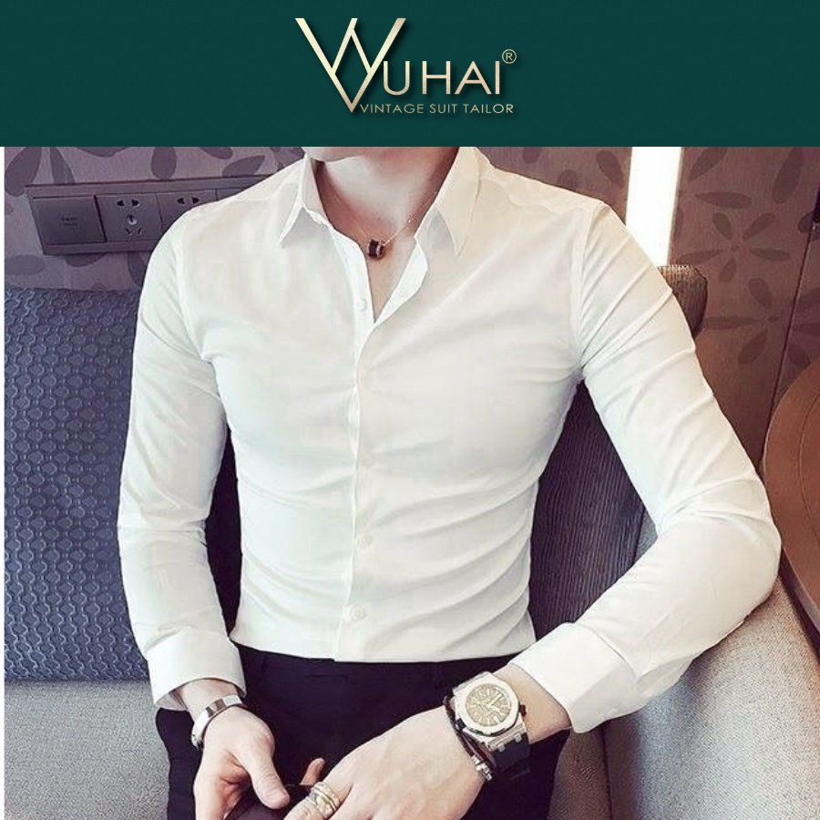 Áo sơ mi trắng nam trơn dài tay cổ bẻ cao cấp, chất liệu cotton, from áo fit trẻ trung-VuHai