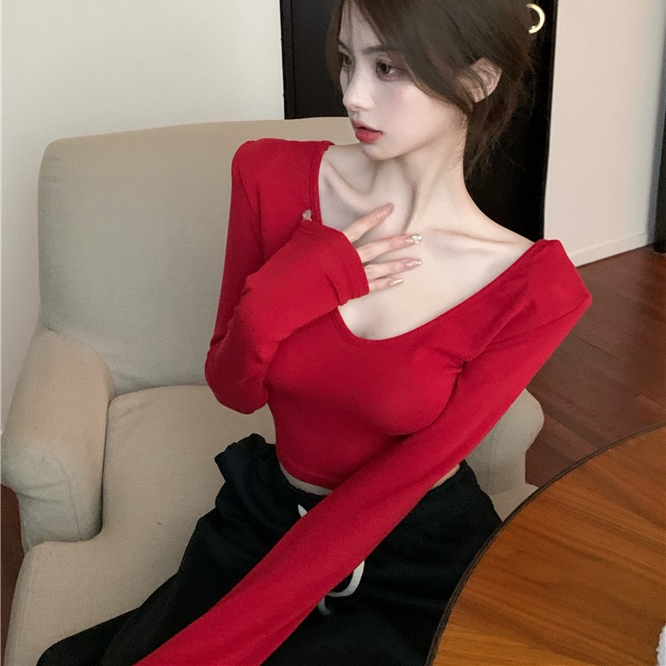 Áo thun SUXI tay dài cổ chữ V màu trơn ôm dáng đơn giản cho nữ