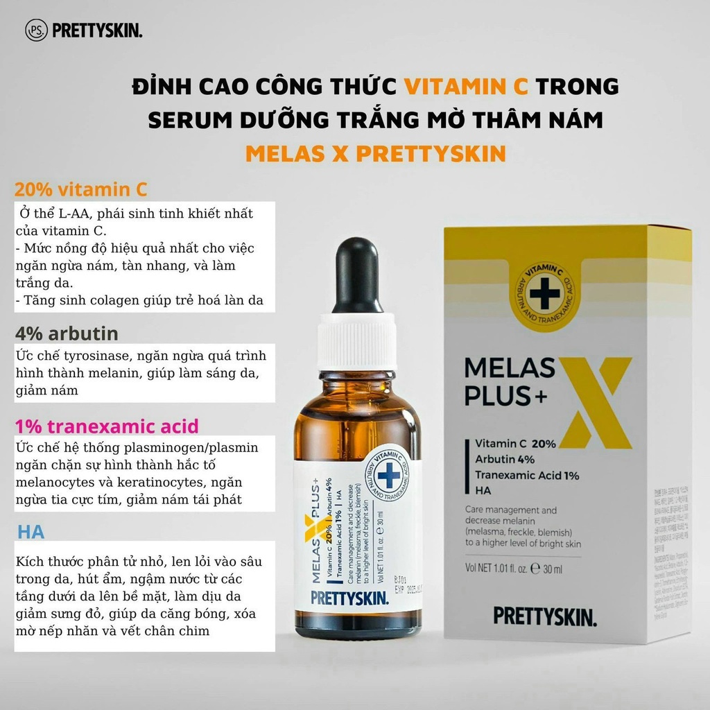 Tinh chất dưỡng trắng mờ thâm nám Prettyskin melas x plus