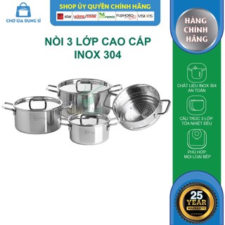 Bộ nồi xửng 3 lớp đáy liền inox 304 Fivestar Plus bếp từ nắp inox