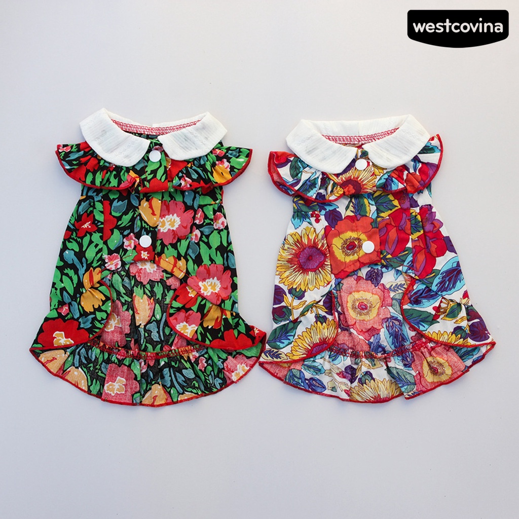 [COD]♘Đầm Tay Ngắn Cổ Búp Bê In Hoa Thoáng Khí Thời Trang Cho Thú Cưng