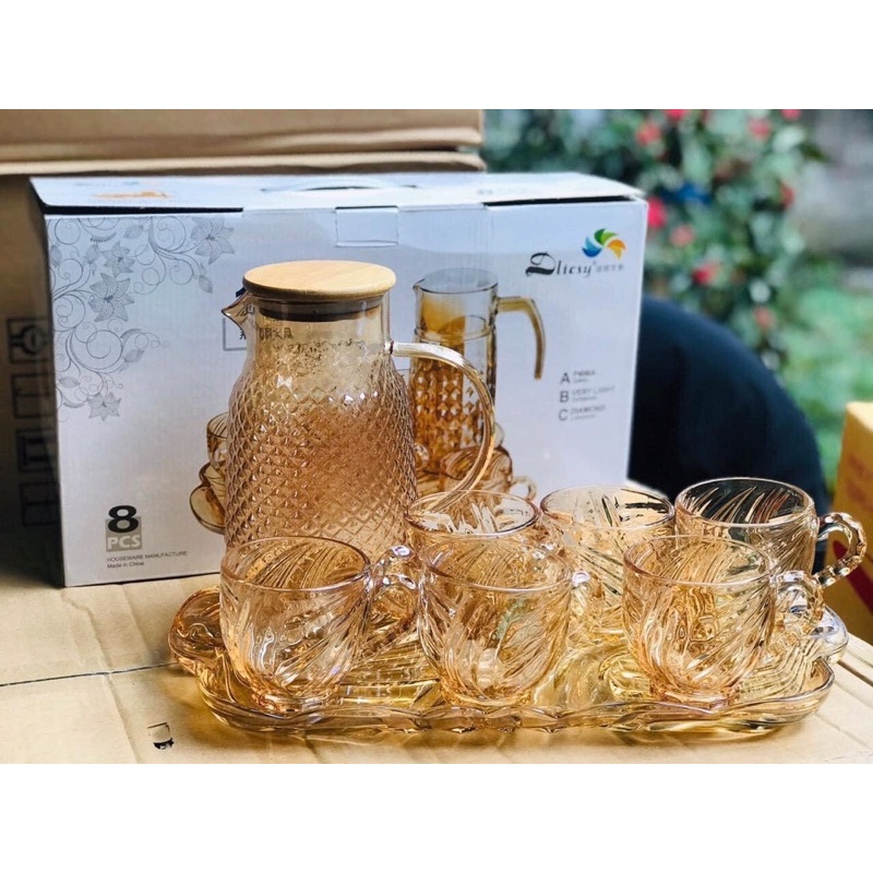 BỘ CỐC PHA LÊ KÈM KHAY VÀ BÌNH VÀNG ĐỒNG SANG CHẢNH