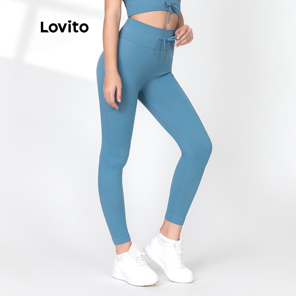 Quần legging Lovito phong cách thể thao màu trơn thoải mái nhanh khô cơ bản L06156 (màu xanh dương)