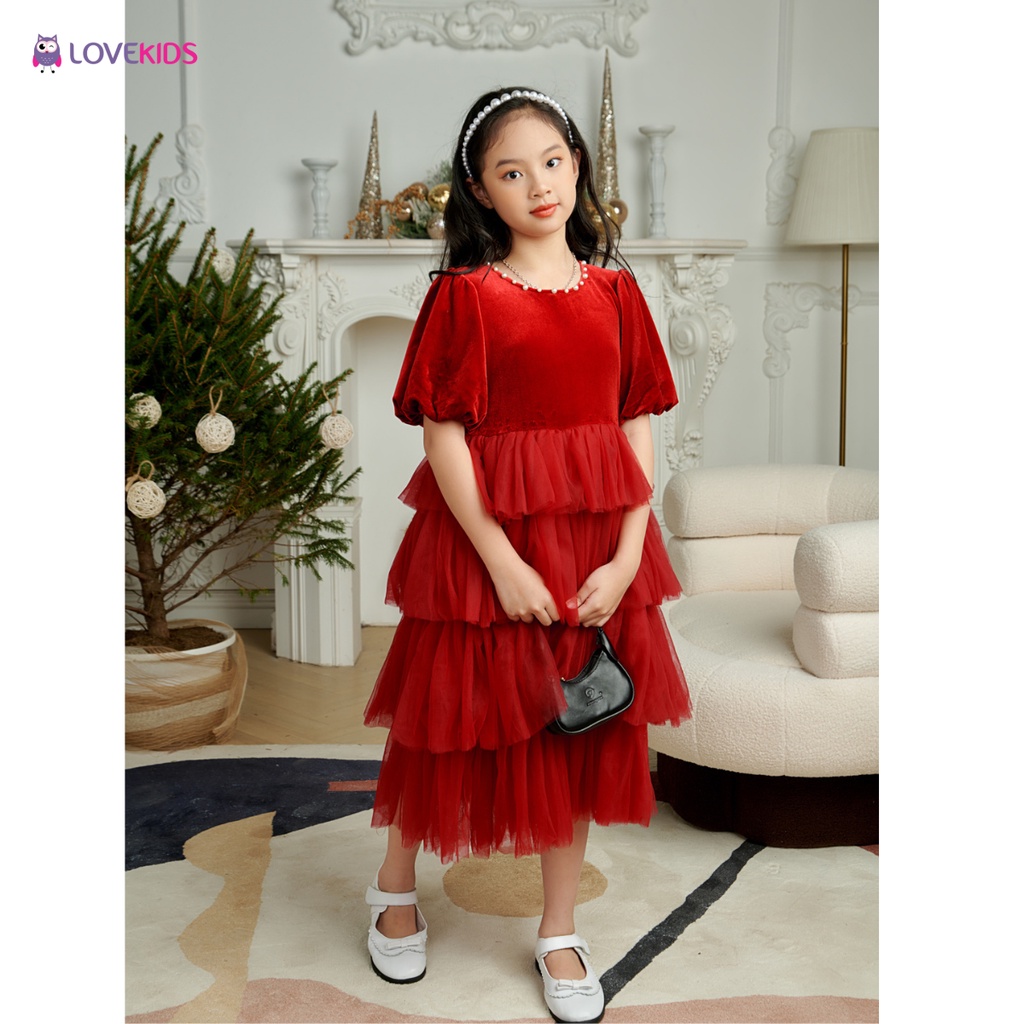 Đầm tiệc nhung cộc tay phối tầng – Lovekids