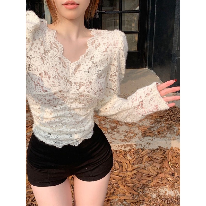 Áo ren ZHELIHANGFEI tay dài cổ chữ V lưng cao thời trang quyến rũ cho nữ