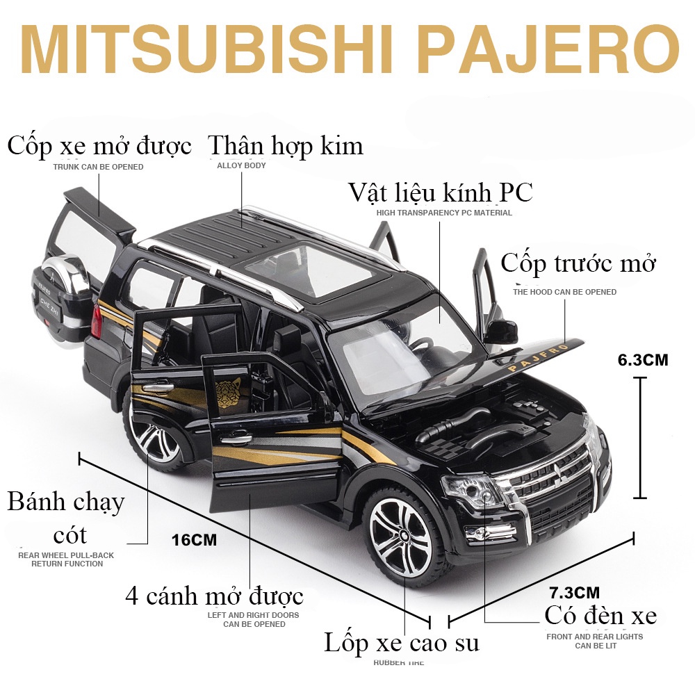 Đồ chơi mô hình xe Mitsubishi Pajero KAVY bằng hợp kim nguyên khối có nhạc 4 đèn led 2 màu chạy cót mở 6 cánh