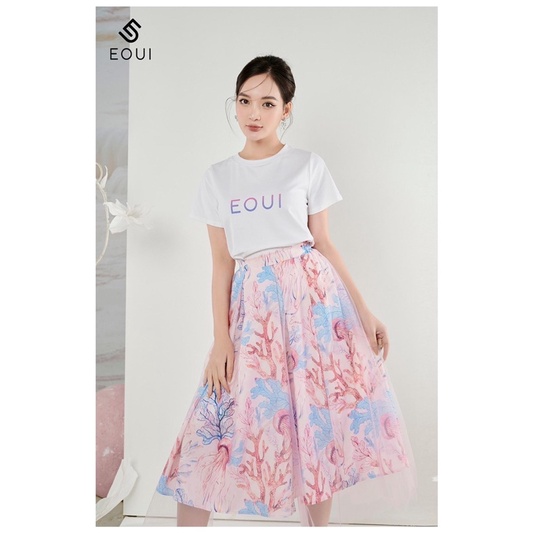 Set chân váy xoè, áo thun trắng EOUI chất liệu cao cấp, váy 3 lớp phối lưới hồng trẻ trung thanh lịch