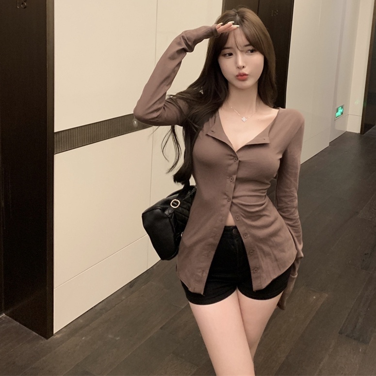 Áo Thun Tay Dài Cổ Chữ V Dáng Ôm Phong Cách Vintage Dành Cho Nữ