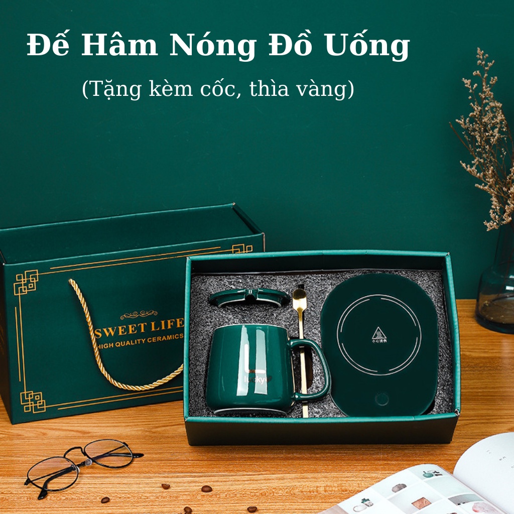 Đế Giữ Ấm Đồ Uống Thông Minh Tặng Kèm Cốc Sứ Cao Cấp Và Thìa Mạ Vàng - Món Quà Ý Nghĩa Tặng Người Thân Yêu