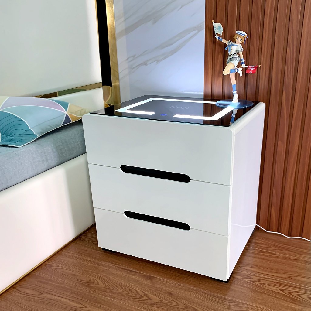 Tủ đầu giường thông minh, Tab đầu giường thông minh có sạc điện thoại không dây, Đèn Ngủ Led cảm ứng 3 chế độ sáng